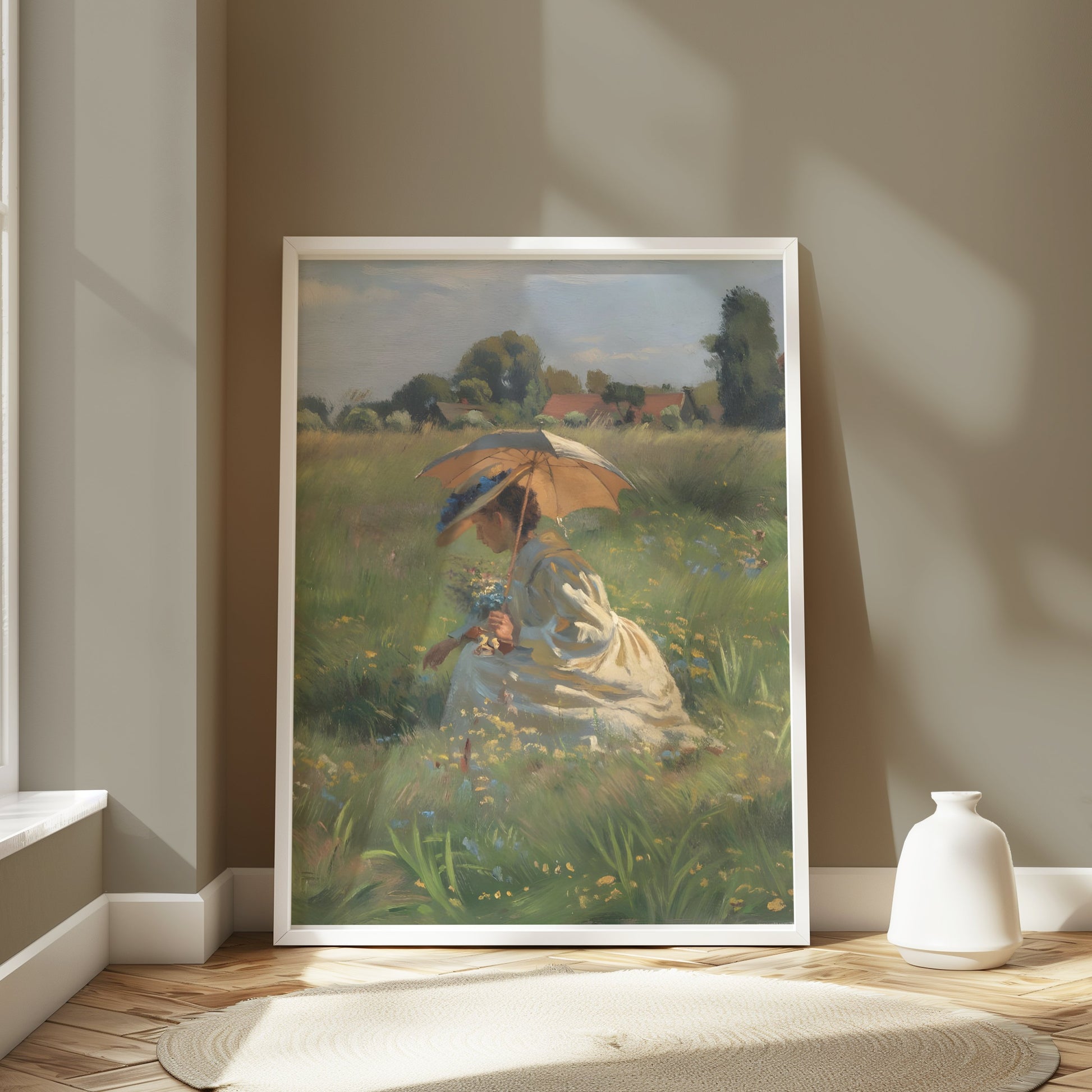 Premium Poster of Lady in Field with Umbrella Beautiful Posters