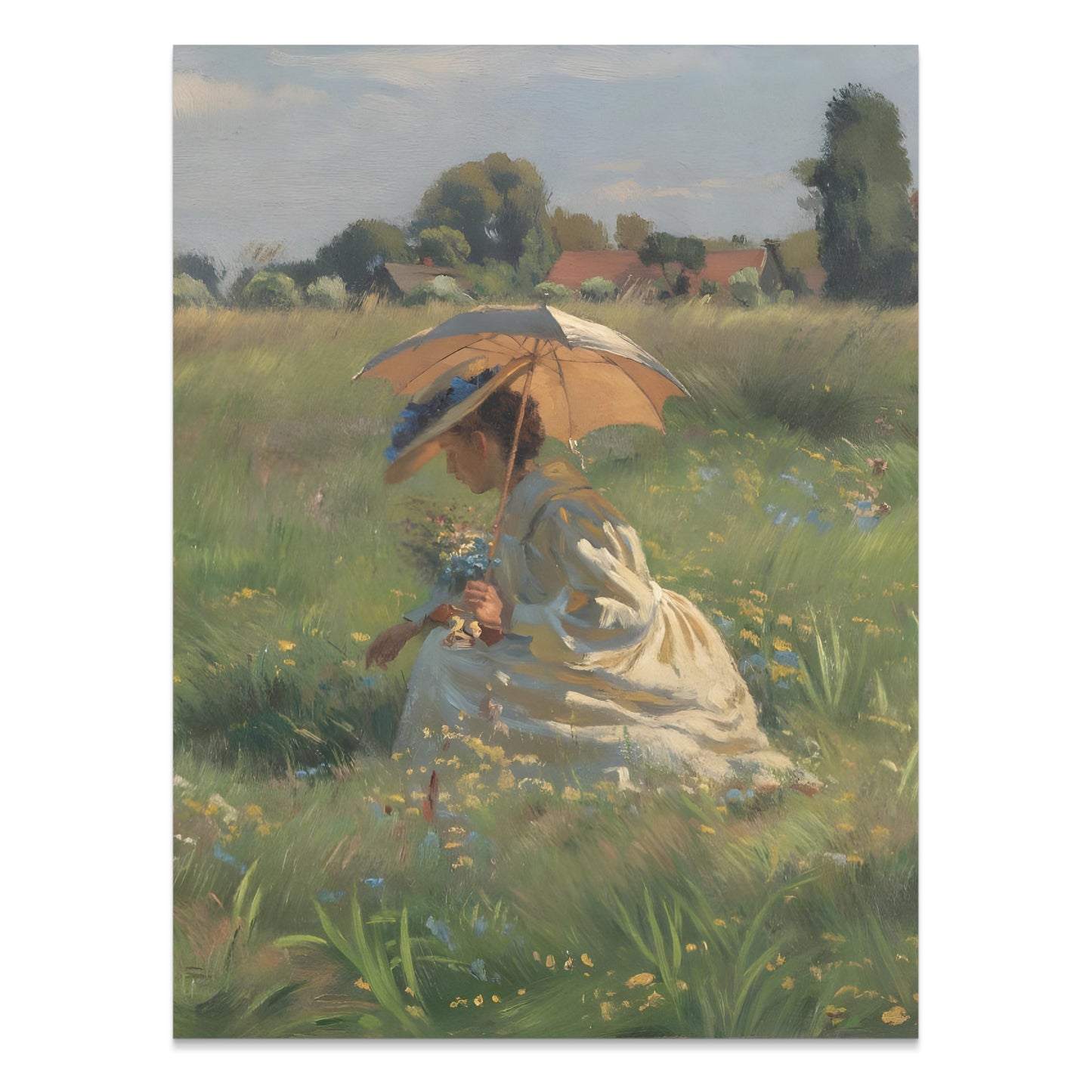 Premium Poster of Lady in Field with Umbrella Beautiful Posters