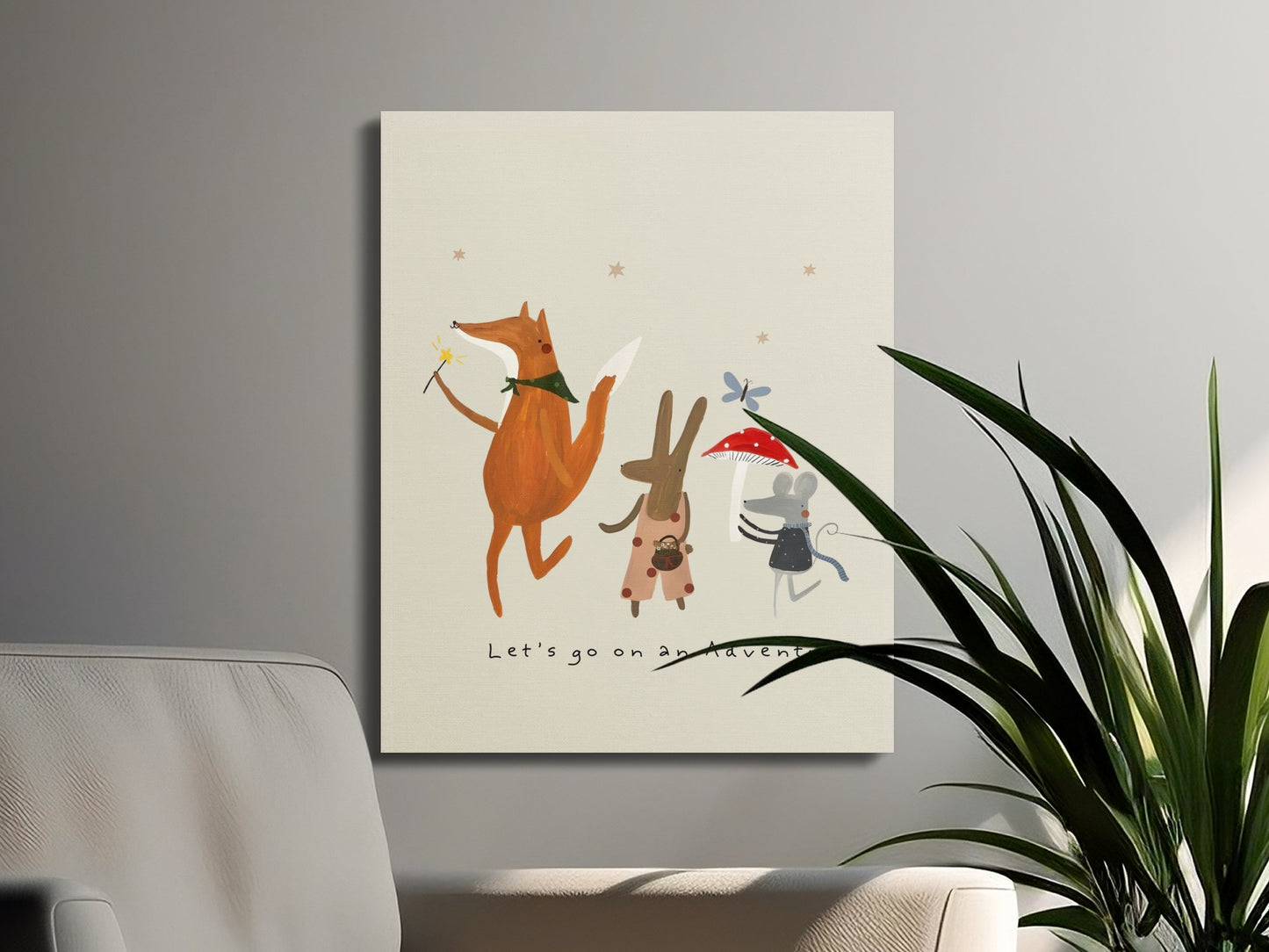 Canvas wall art of a fox, rabbit, and mouse in an imaginative adventure scene, styled for nursery or children's room decor.