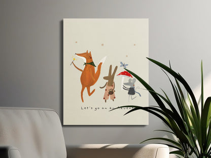 Canvas wall art of a fox, rabbit, and mouse in an imaginative adventure scene, styled for nursery or children's room decor.