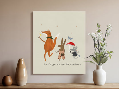 Storybook-inspired nursery canvas art with a fox, rabbit, and mouse, ideal for whimsical and playful nursery or playroom decor.