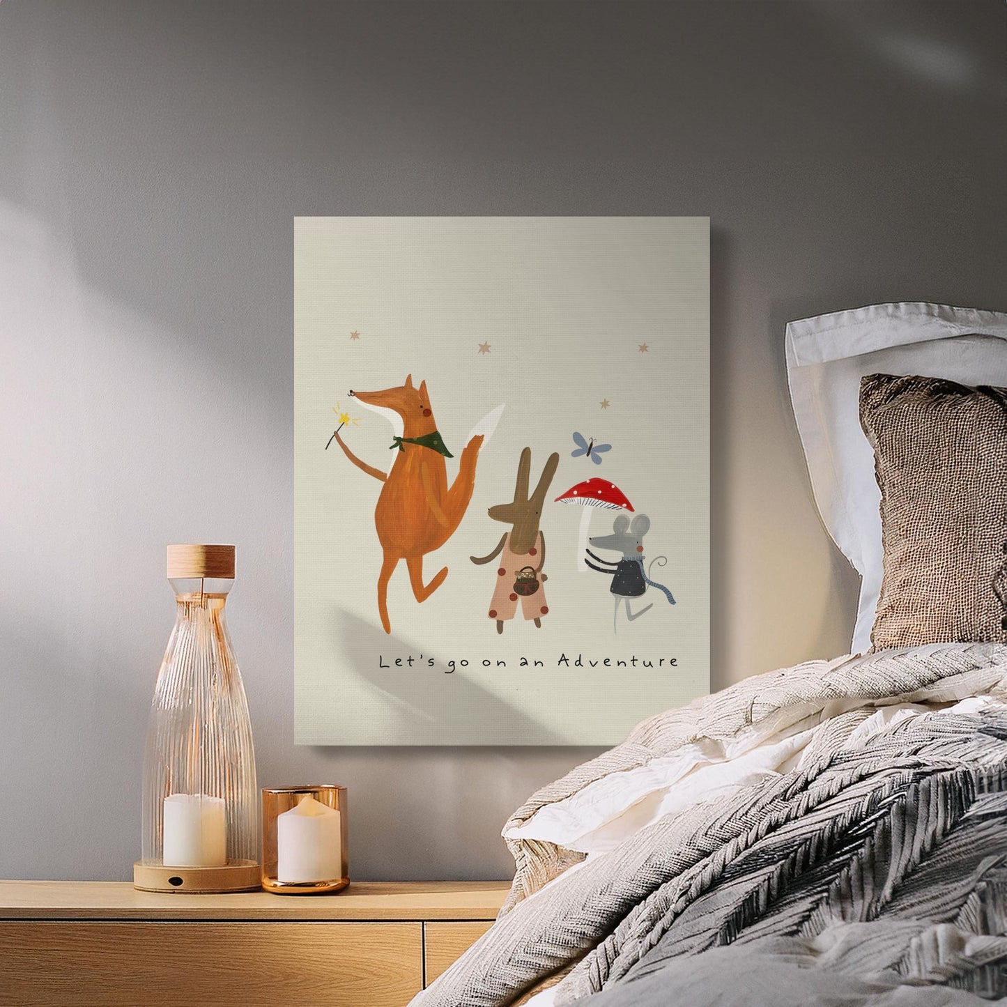 Adventure-themed nursery wall art featuring a fox, rabbit, and mouse, adding charm and imagination to kids' room decor.