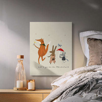 Adventure-themed nursery wall art featuring a fox, rabbit, and mouse, adding charm and imagination to kids' room decor.