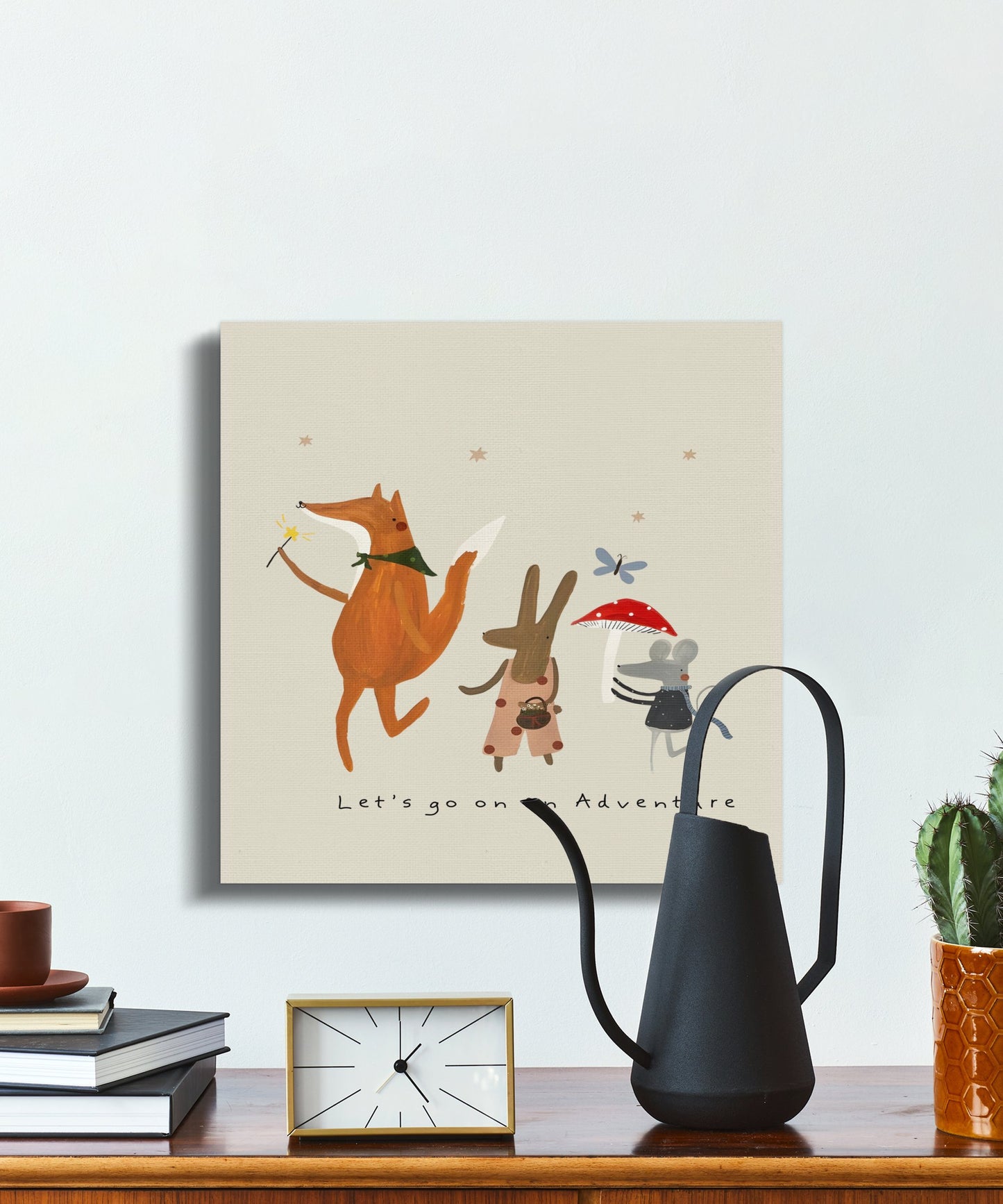 Cute nursery wall art with a fox, rabbit, and mouse in an adventure scene, perfect for enhancing children's room or playroom decor.