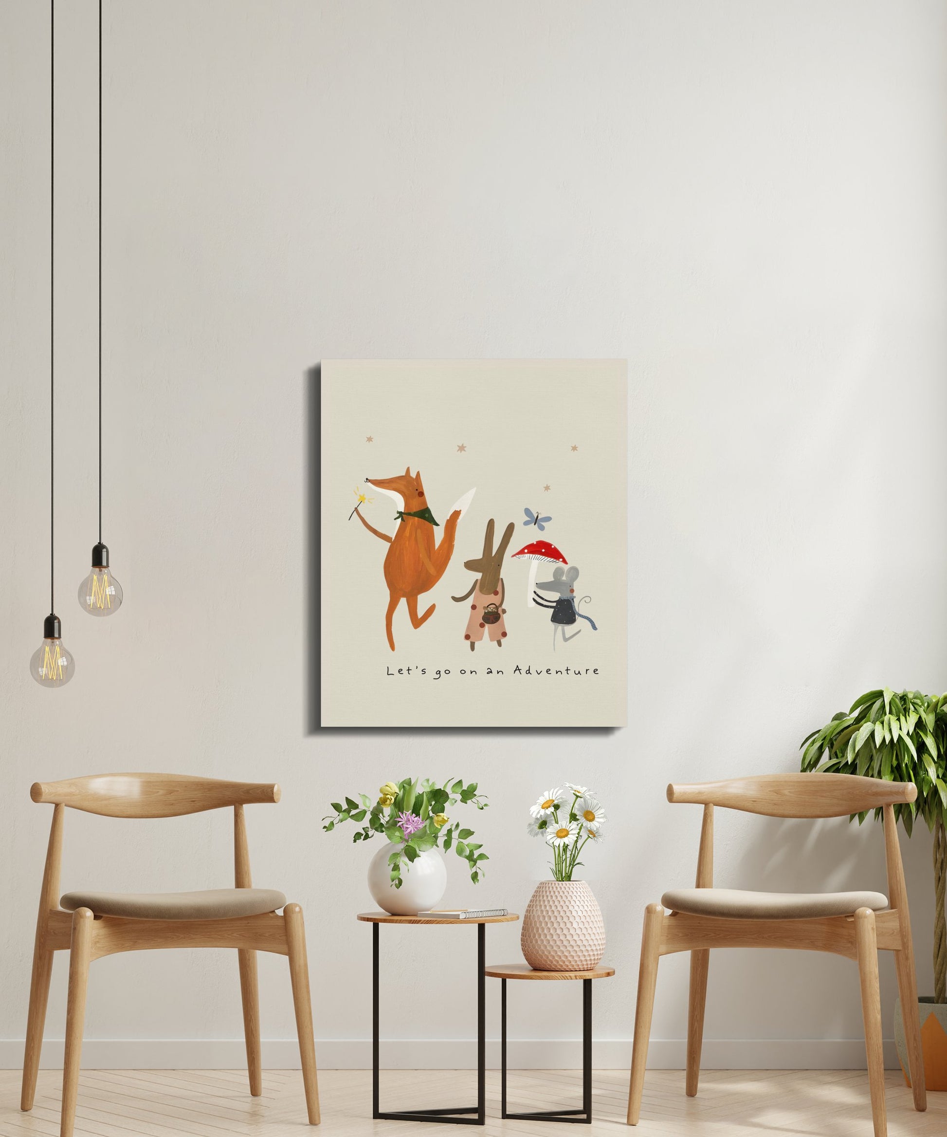 Imaginative canvas wall art with a fox, rabbit, and mouse on an adventure, designed for whimsical nursery or playroom decor.