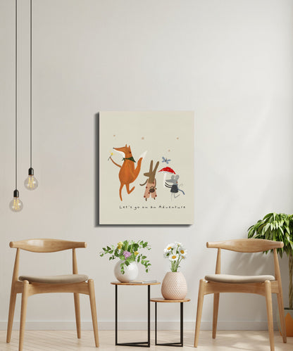 Imaginative canvas wall art with a fox, rabbit, and mouse on an adventure, designed for whimsical nursery or playroom decor.