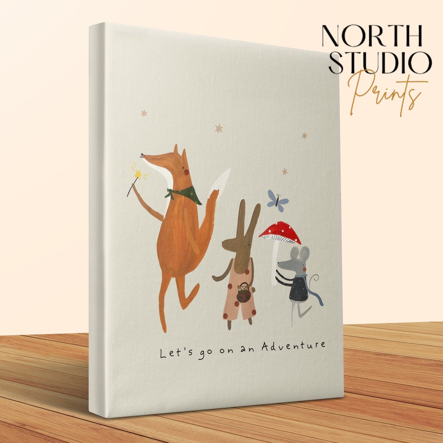 Adventure-themed canvas wall art featuring a fox, rabbit, and mouse, ideal for nursery or kids' room decor with a whimsical touch.