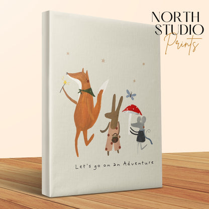 Adventure-themed canvas wall art featuring a fox, rabbit, and mouse, ideal for nursery or kids' room decor with a whimsical touch.