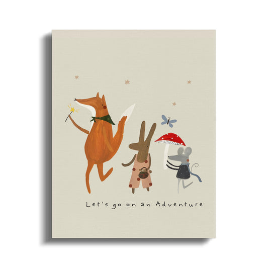 Whimsical nursery wall art featuring a fox, rabbit, and mouse on an adventure with playful details, perfect for kids' rooms or playroom decor.