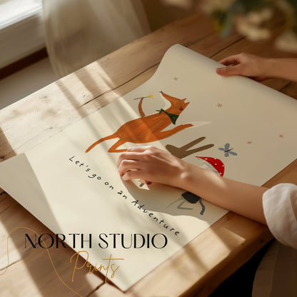 Hands unrolling a whimsical adventure poster with fox, bunny, and mouse characters, ideal for kids' rooms or nursery decor.