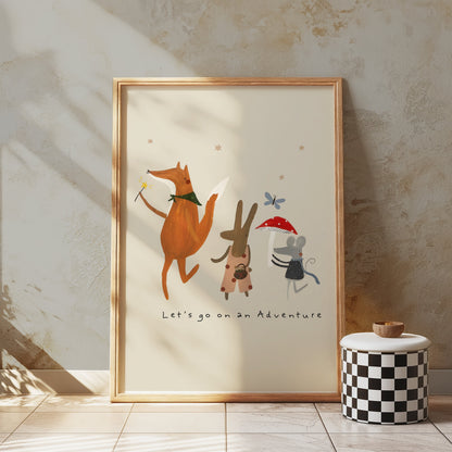 Framed adventure-themed poster with fox, bunny, and mouse characters displayed in a cozy, modern interior setting.