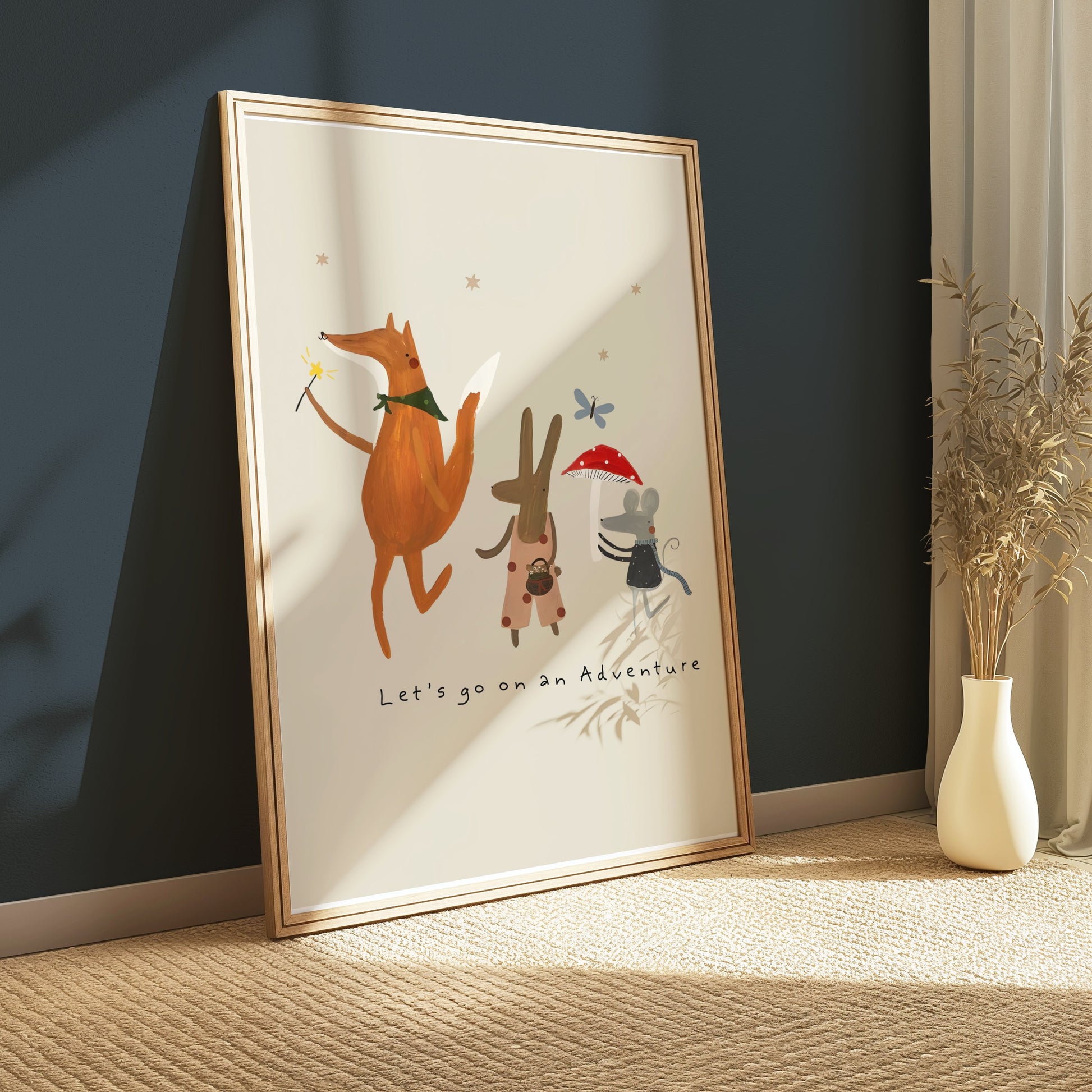 Large framed whimsical poster of animal friends on an adventure, leaning against a dark wall in a stylish room.