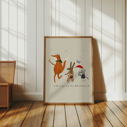 Adventure-themed animal poster in a wooden frame, leaning against a white paneled wall in a cozy, minimalist room.