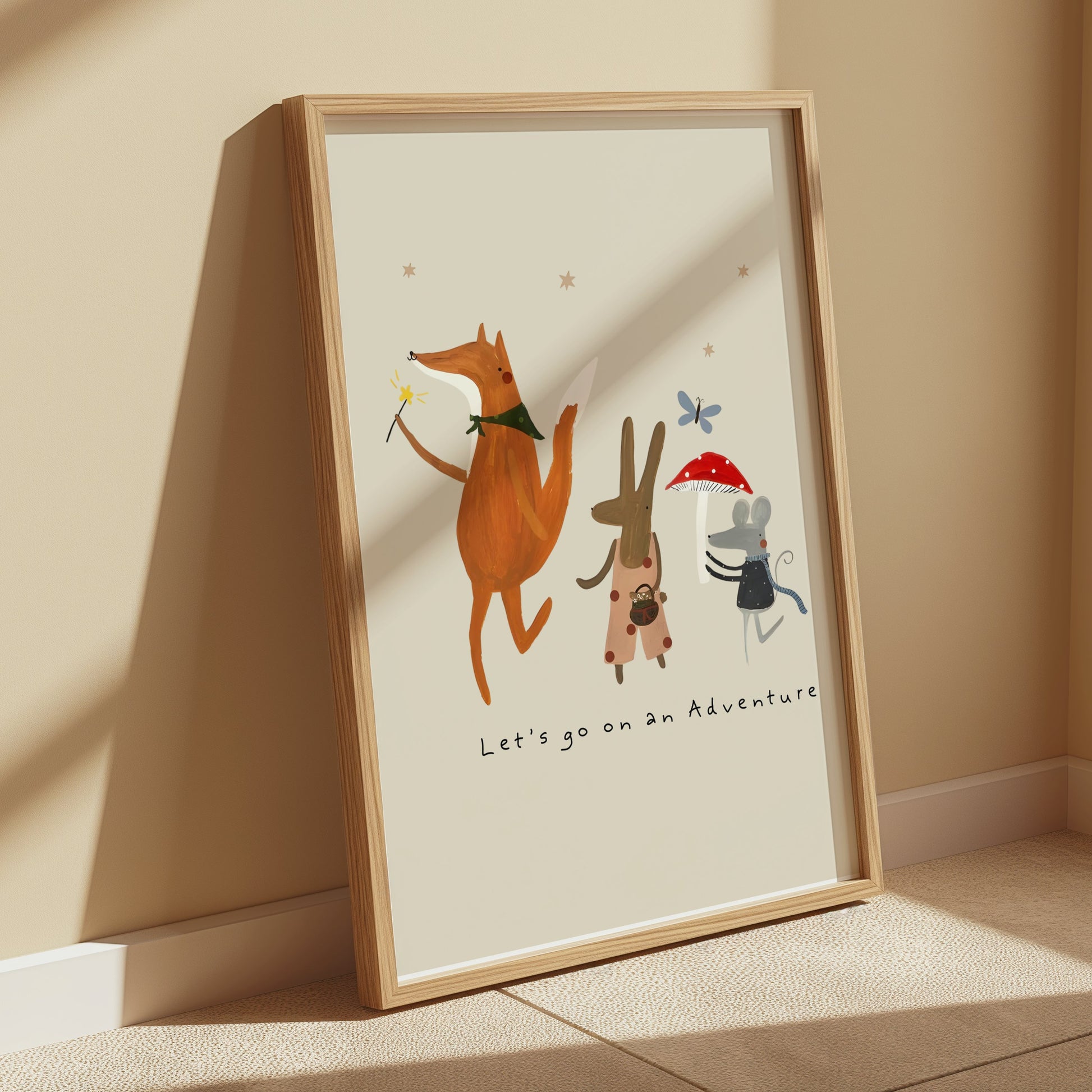 Adventure-themed poster with animal friends in a wooden frame, leaning against a beige wall in a softly lit room.