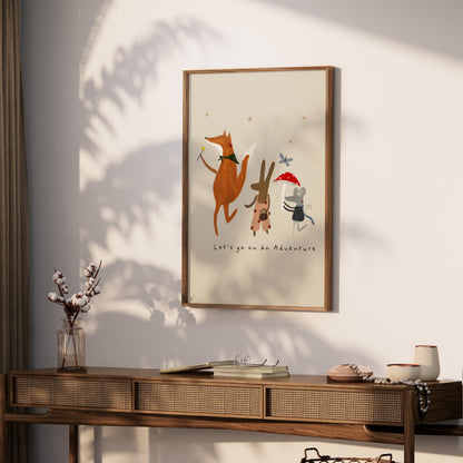 Framed whimsical animal poster featuring a fox, bunny, and mouse, hanging above a wooden console in a stylish interior.