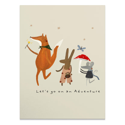 Whimsical adventure poster featuring a fox, bunny, and mouse with playful details, perfect for kids' rooms or nursery decor.