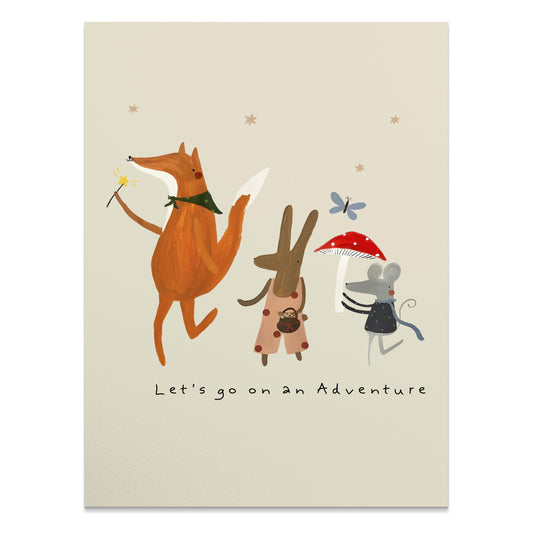 Whimsical adventure poster featuring a fox, bunny, and mouse with playful details, perfect for kids' rooms or nursery decor.