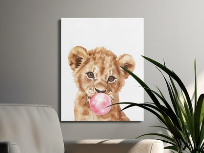 Premium Poster of Lion Cub Blowing Bubblegum Nursery Wall Art Canvas Wraps