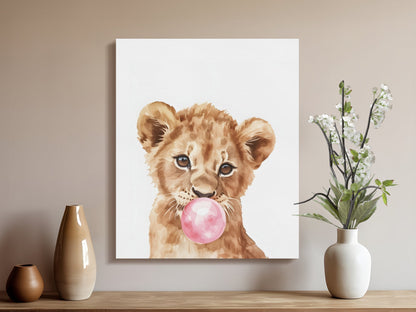 Premium Poster of Lion Cub Blowing Bubblegum Nursery Wall Art Canvas Wraps