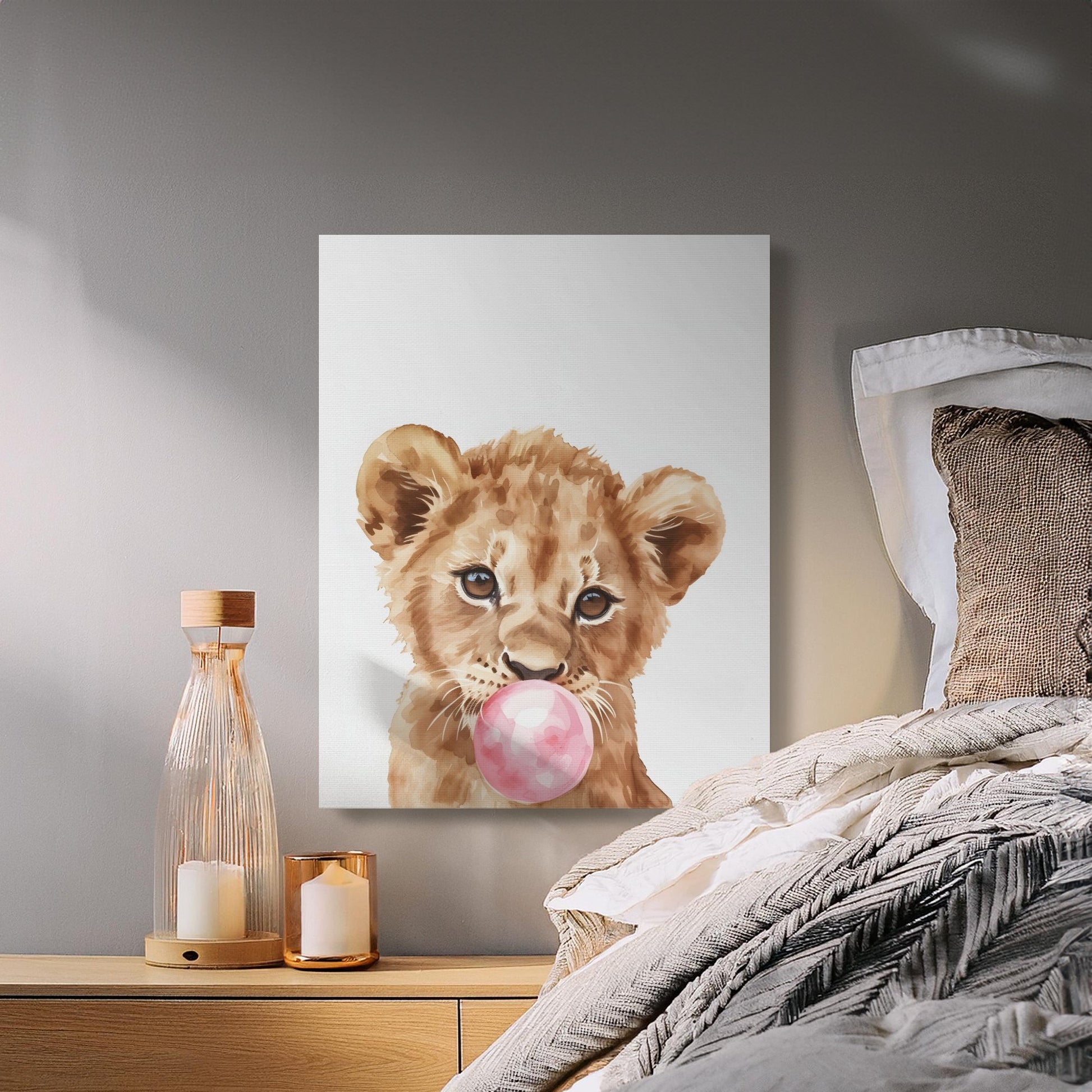Premium Poster of Lion Cub Blowing Bubblegum Nursery Wall Art Canvas Wraps