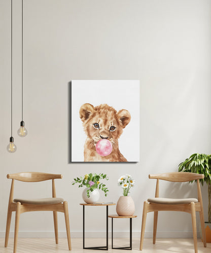 Premium Poster of Lion Cub Blowing Bubblegum Nursery Wall Art Canvas Wraps
