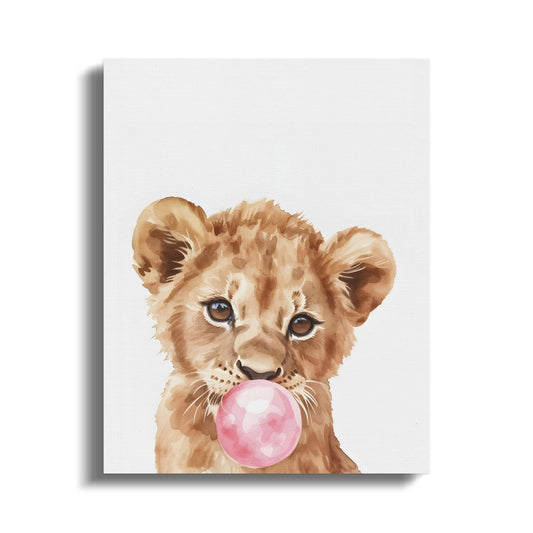 Premium Poster of Lion Cub Blowing Bubblegum Nursery Wall Art Canvas Wraps