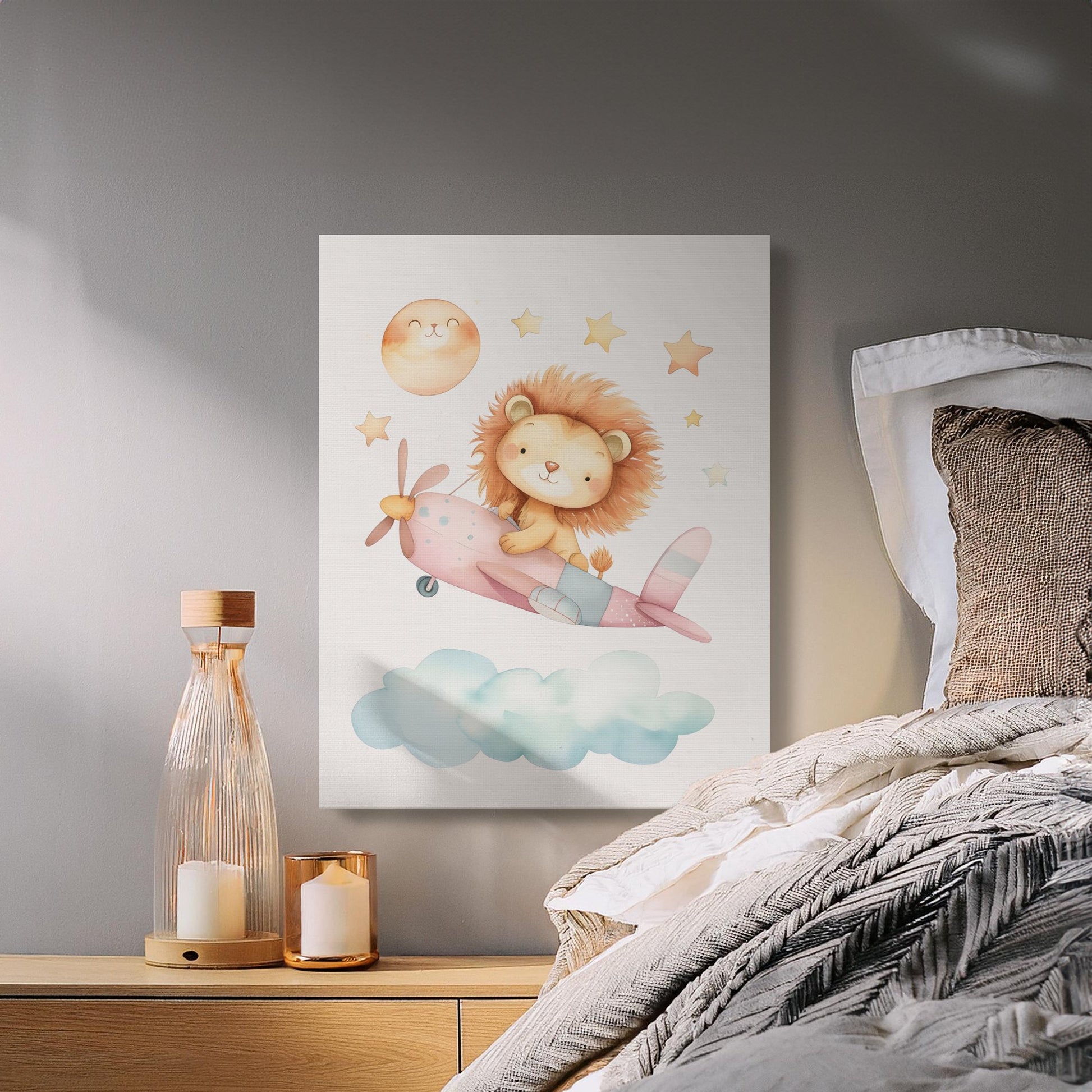 Premium Poster of Lion Flying an Airplane with Stars Nursery Canvas Wraps