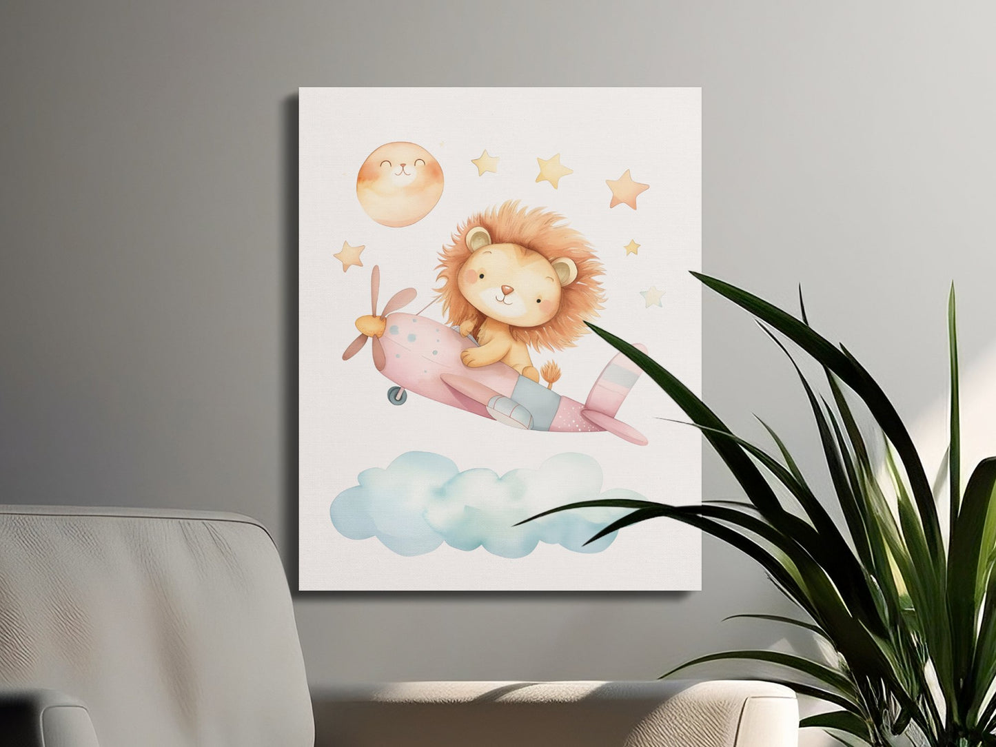 Premium Poster of Lion Flying an Airplane with Stars Nursery Canvas Wraps