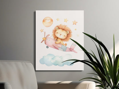 Premium Poster of Lion Flying an Airplane with Stars Nursery Canvas Wraps