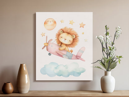Premium Poster of Lion Flying an Airplane with Stars Nursery Canvas Wraps