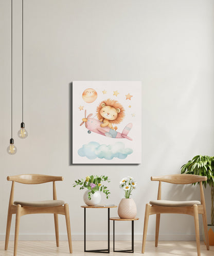 Premium Poster of Lion Flying an Airplane with Stars Nursery Canvas Wraps