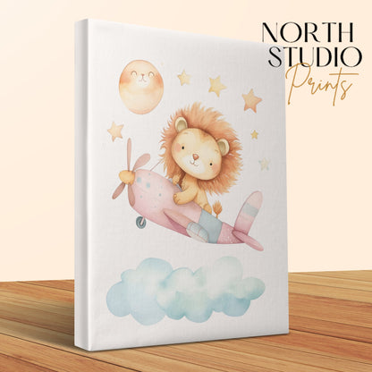 Premium Poster of Lion Flying an Airplane with Stars Nursery Canvas Wraps