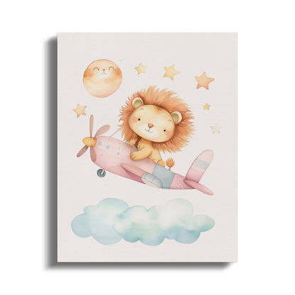 Premium Poster of Lion Flying an Airplane with Stars Nursery Canvas Wraps