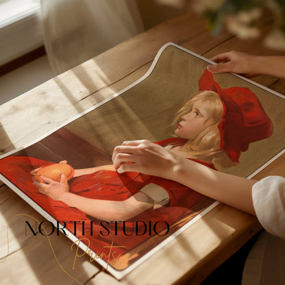 Premium Poster of Little Girl in Red Dress with Orange Art Print Posters