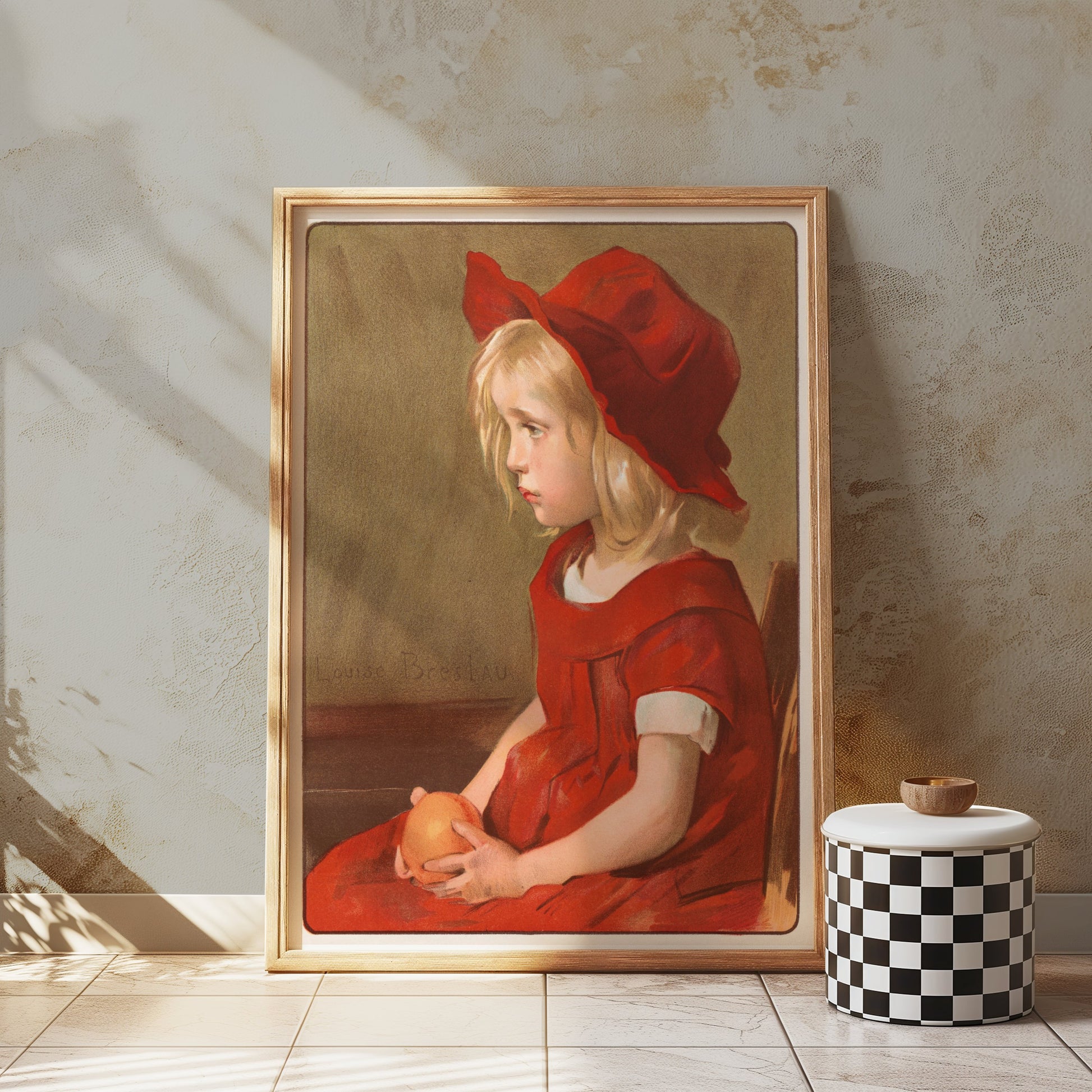 Premium Poster of Little Girl in Red Dress with Orange Art Print Posters