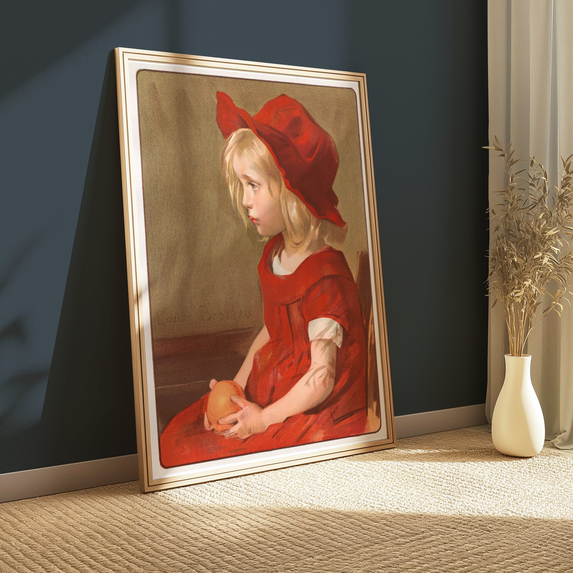 Premium Poster of Little Girl in Red Dress with Orange Art Print Posters