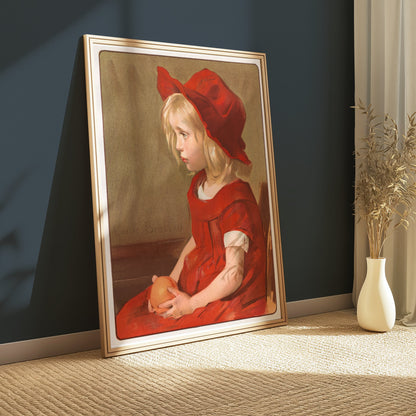 Premium Poster of Little Girl in Red Dress with Orange Art Print Posters
