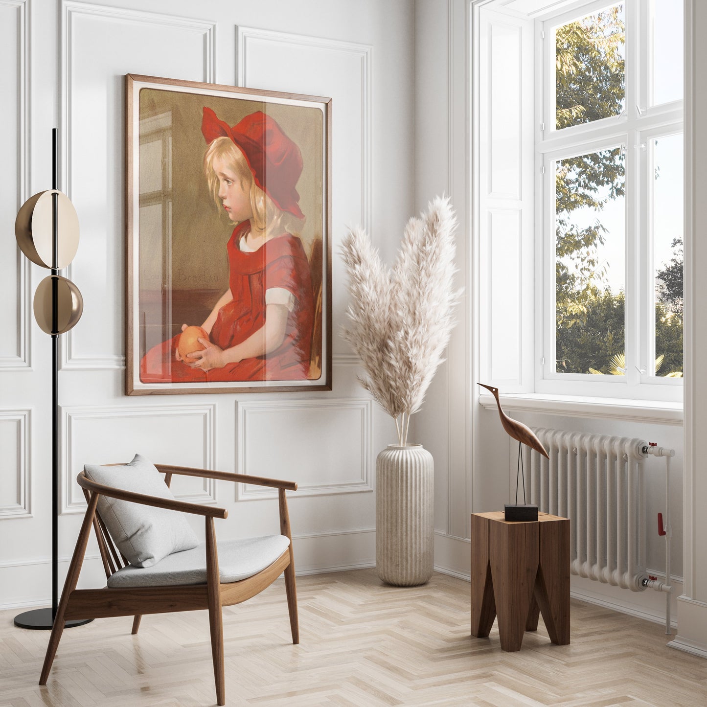 Premium Poster of Little Girl in Red Dress with Orange Art Print Posters