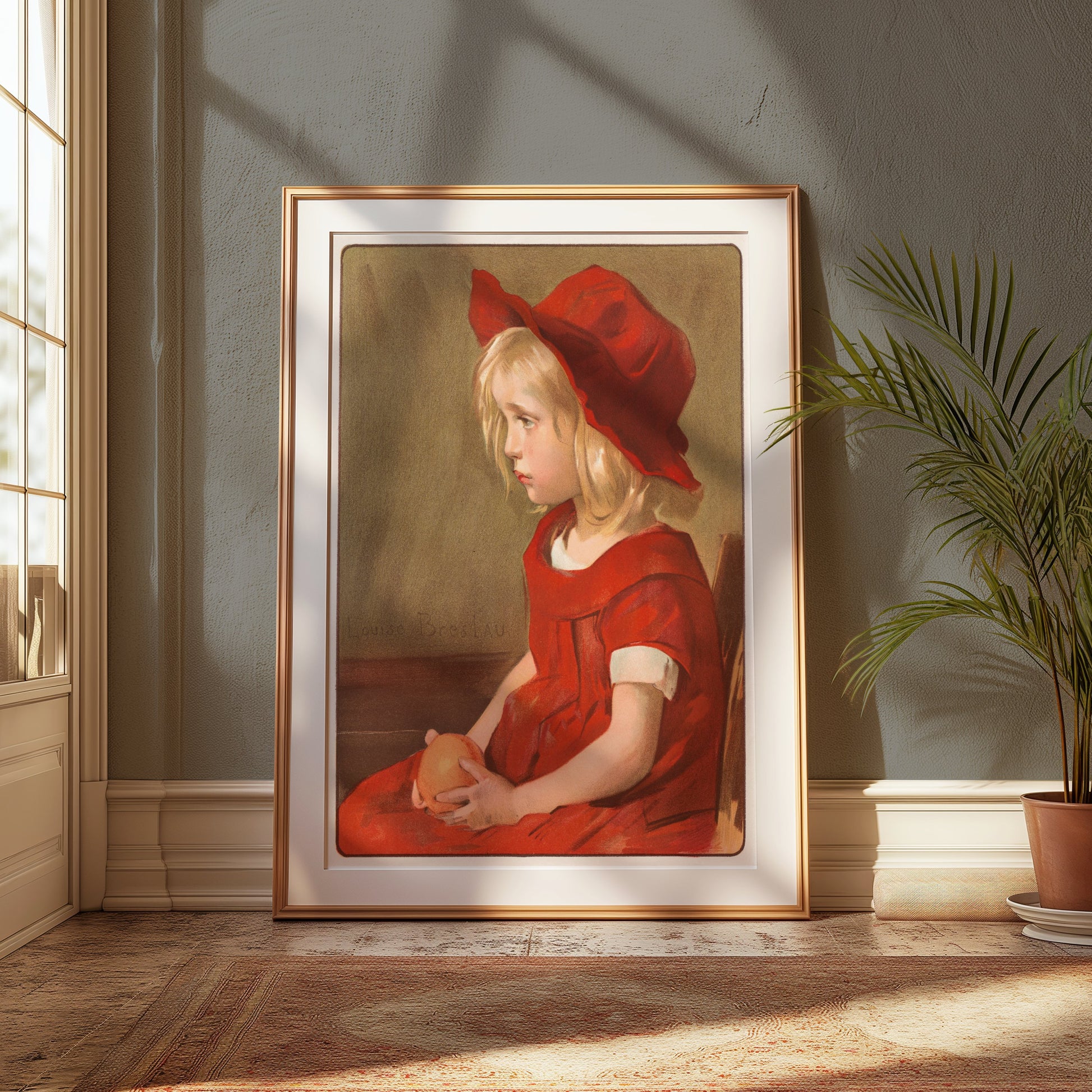 Premium Poster of Little Girl in Red Dress with Orange Art Print Posters