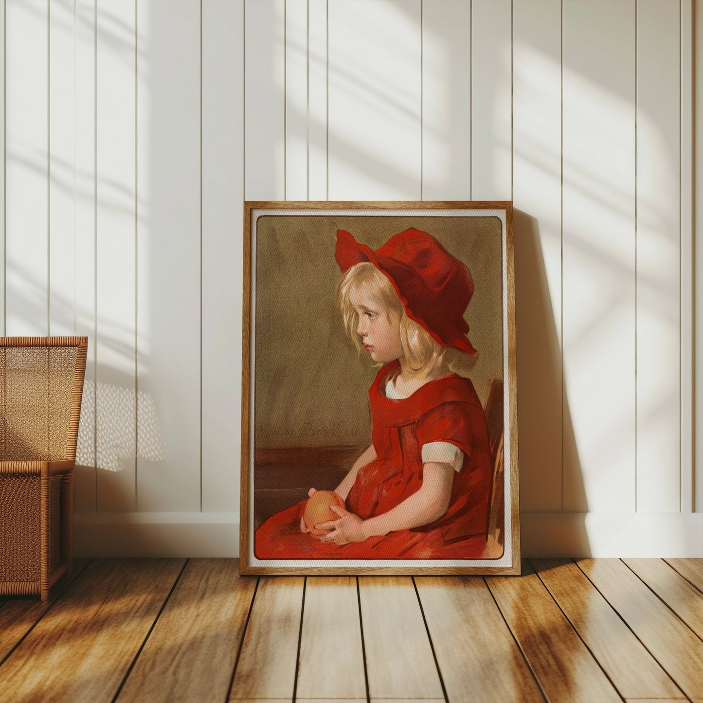 Premium Poster of Little Girl in Red Dress with Orange Art Print Posters