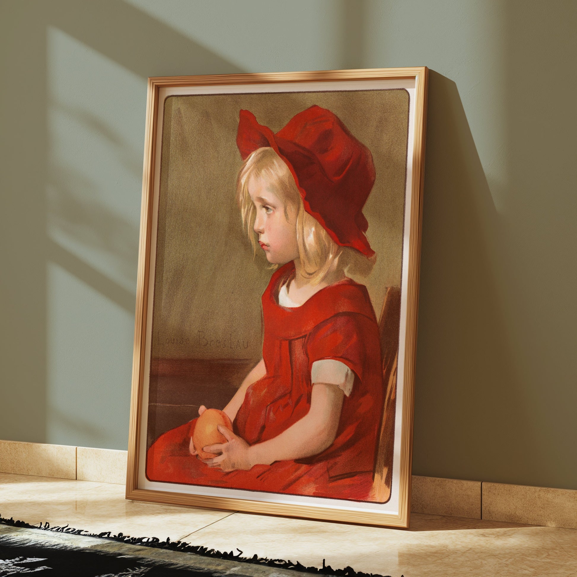 Premium Poster of Little Girl in Red Dress with Orange Art Print Posters