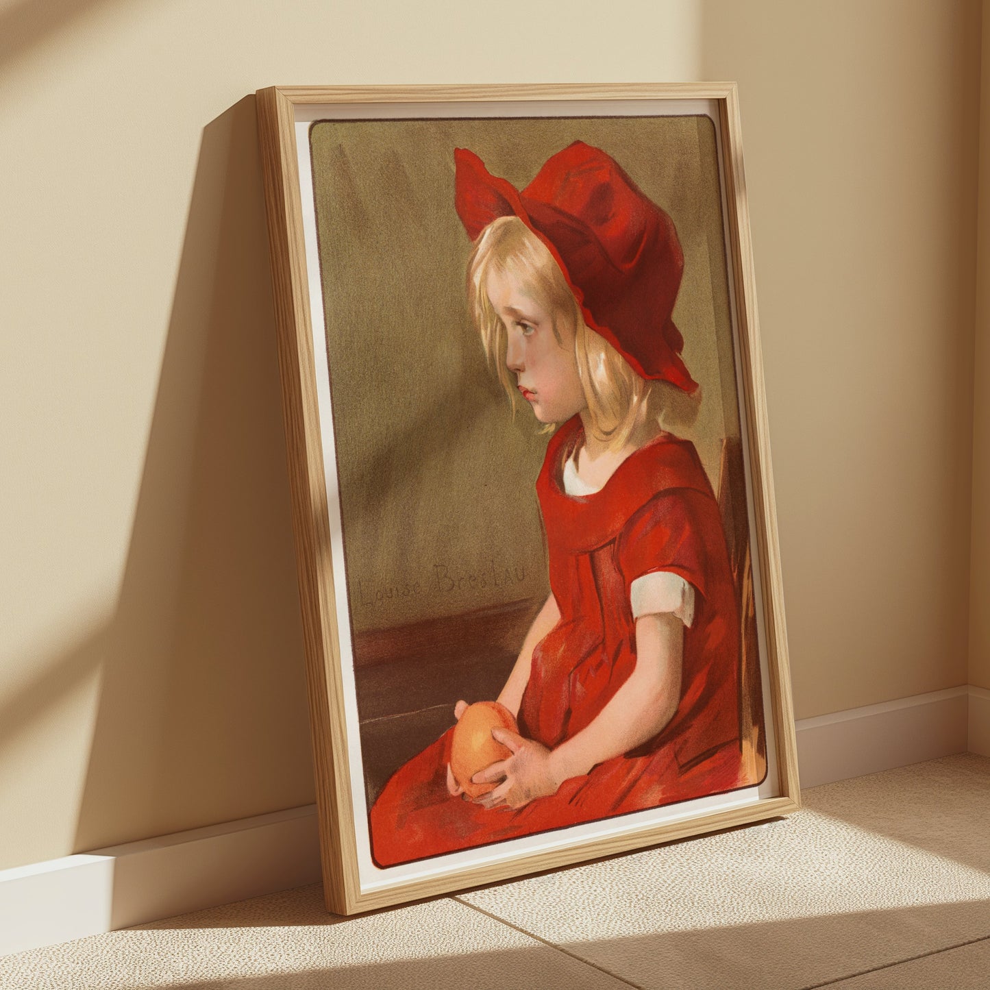 Premium Poster of Little Girl in Red Dress with Orange Art Print Posters