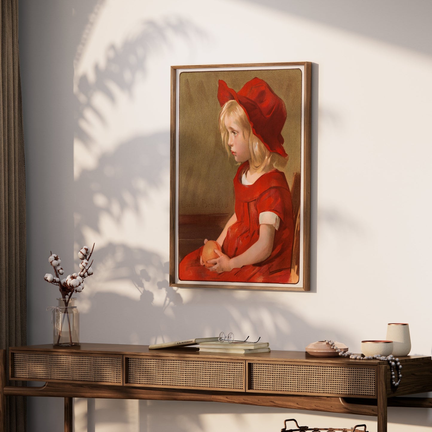 Premium Poster of Little Girl in Red Dress with Orange Art Print Posters