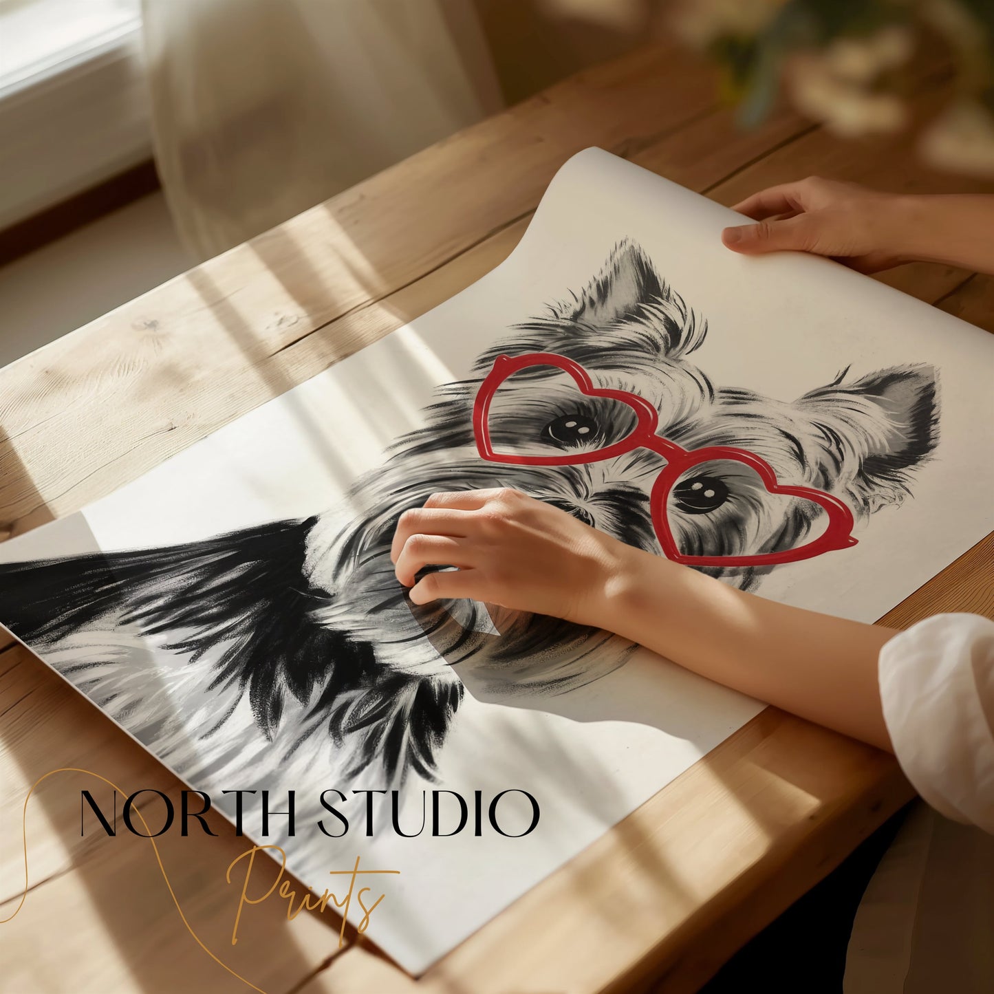 Premium Poster of Lovely Dog Wearing Red Heart Glasses Posters