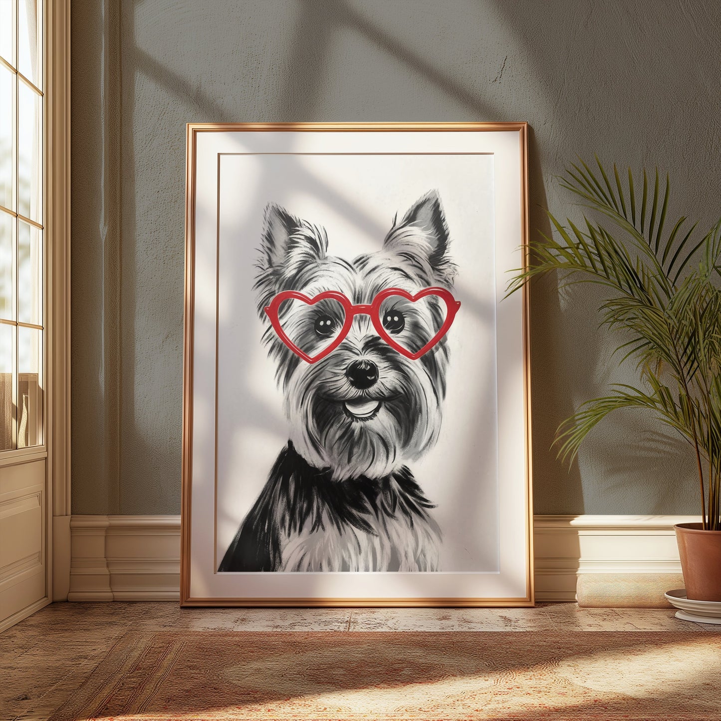 Premium Poster of Lovely Dog Wearing Red Heart Glasses Posters