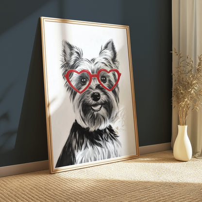 Premium Poster of Lovely Dog Wearing Red Heart Glasses Posters