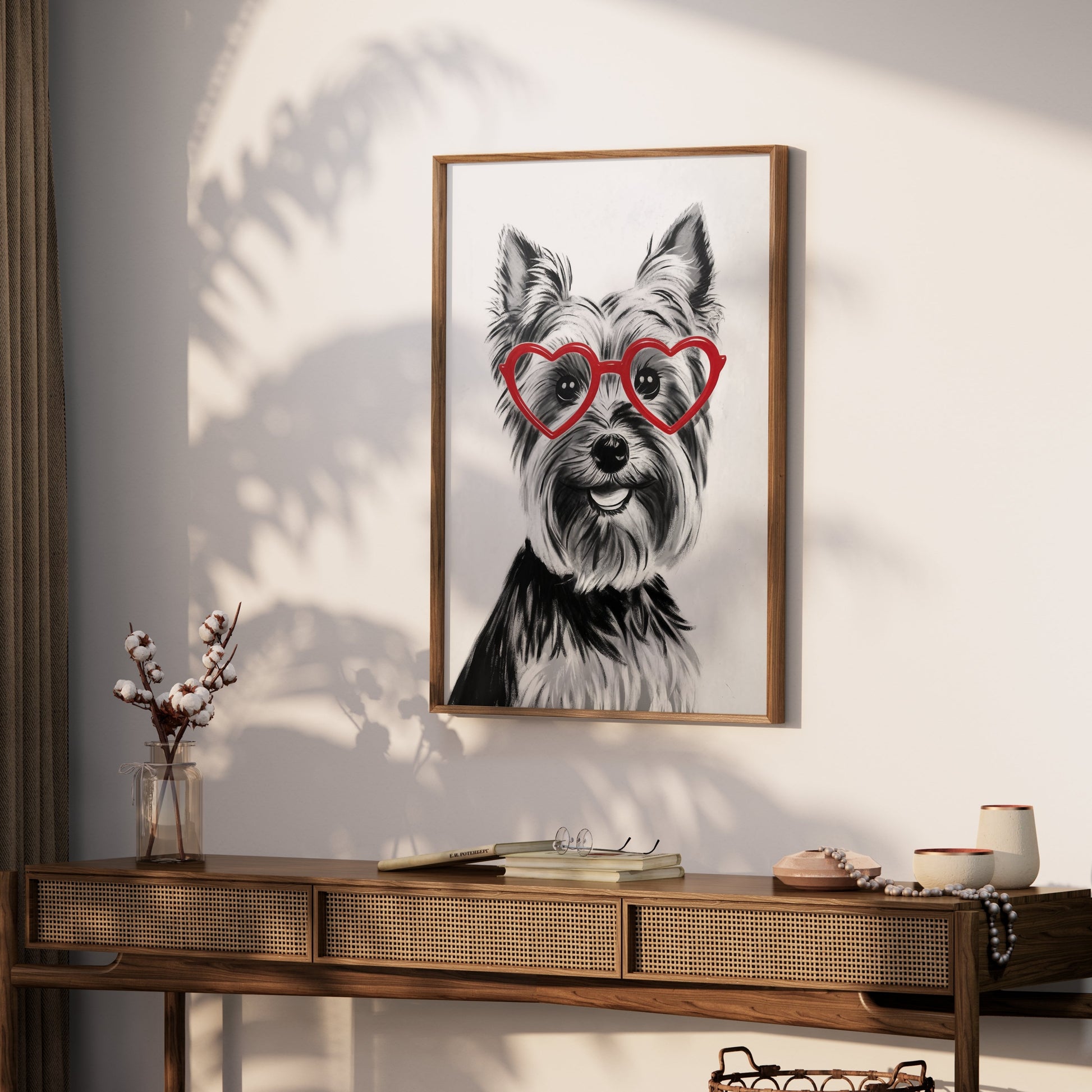 Premium Poster of Lovely Dog Wearing Red Heart Glasses Posters