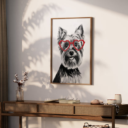 Premium Poster of Lovely Dog Wearing Red Heart Glasses Posters