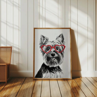 Premium Poster of Lovely Dog Wearing Red Heart Glasses Posters