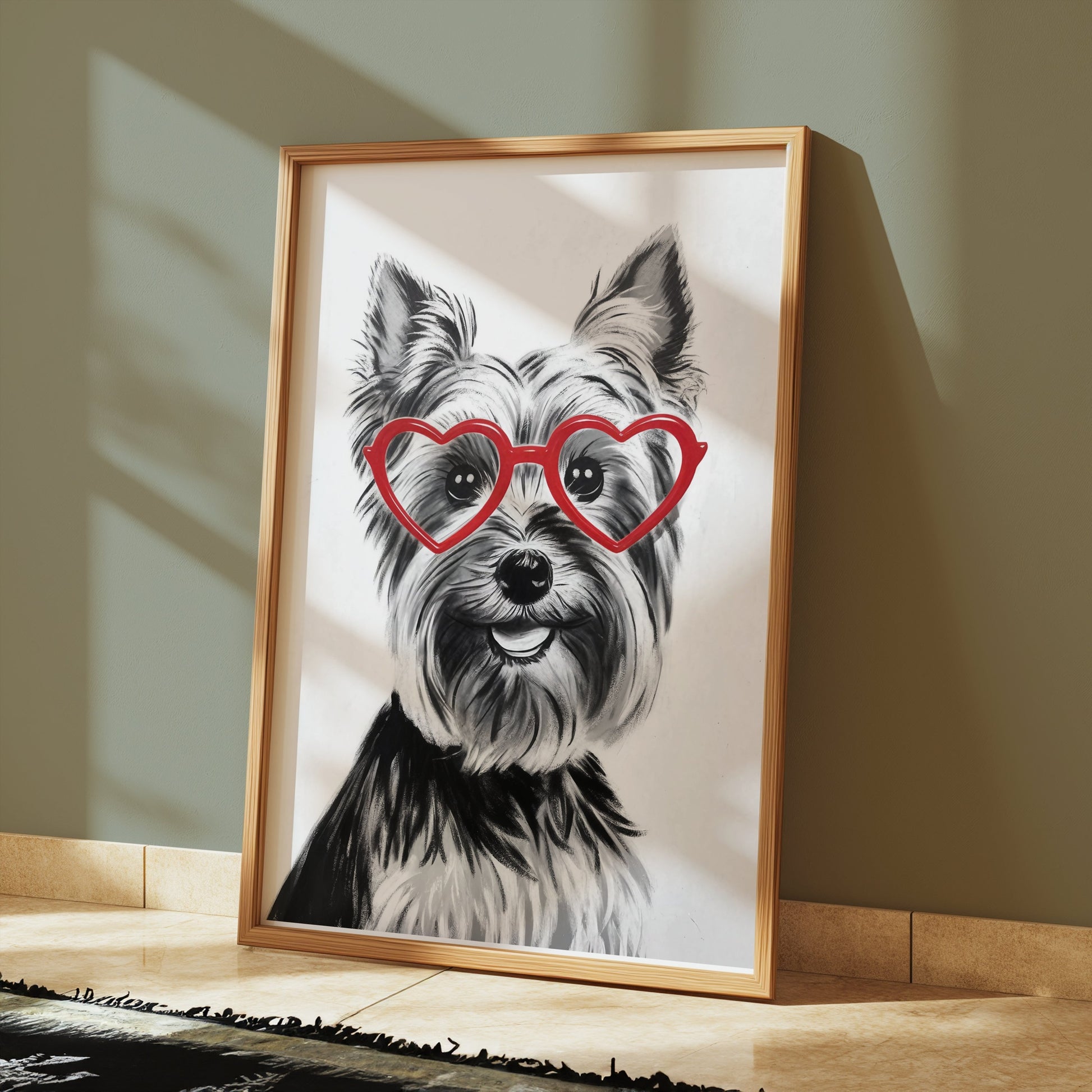 Premium Poster of Lovely Dog Wearing Red Heart Glasses Posters
